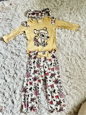 Bambi baby Girls Yellow Deer Graphic Floral Pajama Set with Headband